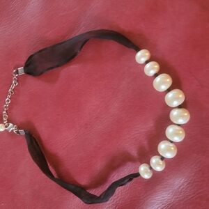 Elegant Pearl and Black Ribbon Necklace